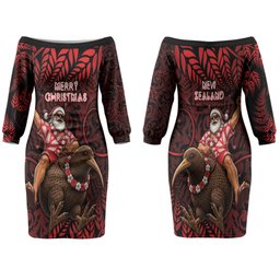 New Zealand Christmas Family Matching Off The Shoulder Long Sleeve Dress and Hawaiian Shirt Red Santa Riding Kiwi Bird Silver Fern