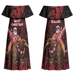 New Zealand Christmas Family Matching Off Shoulder Maxi Dress and Hawaiian Shirt Red Santa Riding Kiwi Bird Silver Fern
