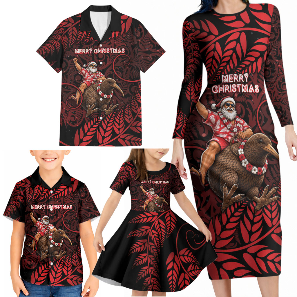 New Zealand Christmas Family Matching Long Sleeve Bodycon Dress and Hawaiian Shirt Red Santa Riding Kiwi Bird Silver Fern