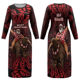 New Zealand Christmas Family Matching Long Sleeve Bodycon Dress and Hawaiian Shirt Red Santa Riding Kiwi Bird Silver Fern