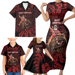 New Zealand Christmas Family Matching Short Sleeve Bodycon Dress and Hawaiian Shirt Red Santa Riding Kiwi Bird Silver Fern