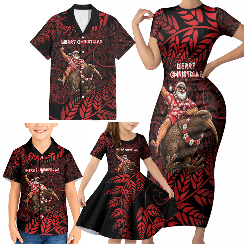New Zealand Christmas Family Matching Short Sleeve Bodycon Dress and Hawaiian Shirt Red Santa Riding Kiwi Bird Silver Fern
