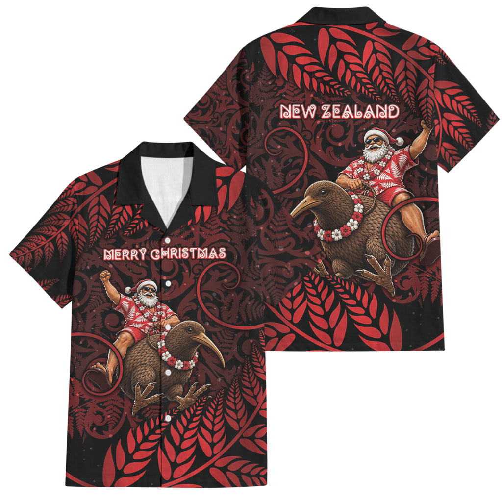 New Zealand Christmas Family Matching Off Shoulder Short Dress and Hawaiian Shirt Red Santa Riding Kiwi Bird Silver Fern