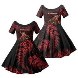 New Zealand Christmas Family Matching Off Shoulder Maxi Dress and Hawaiian Shirt Red Santa Riding Kiwi Bird Silver Fern