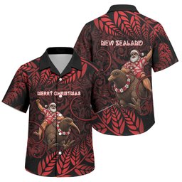 New Zealand Christmas Family Matching Off Shoulder Maxi Dress and Hawaiian Shirt Red Santa Riding Kiwi Bird Silver Fern