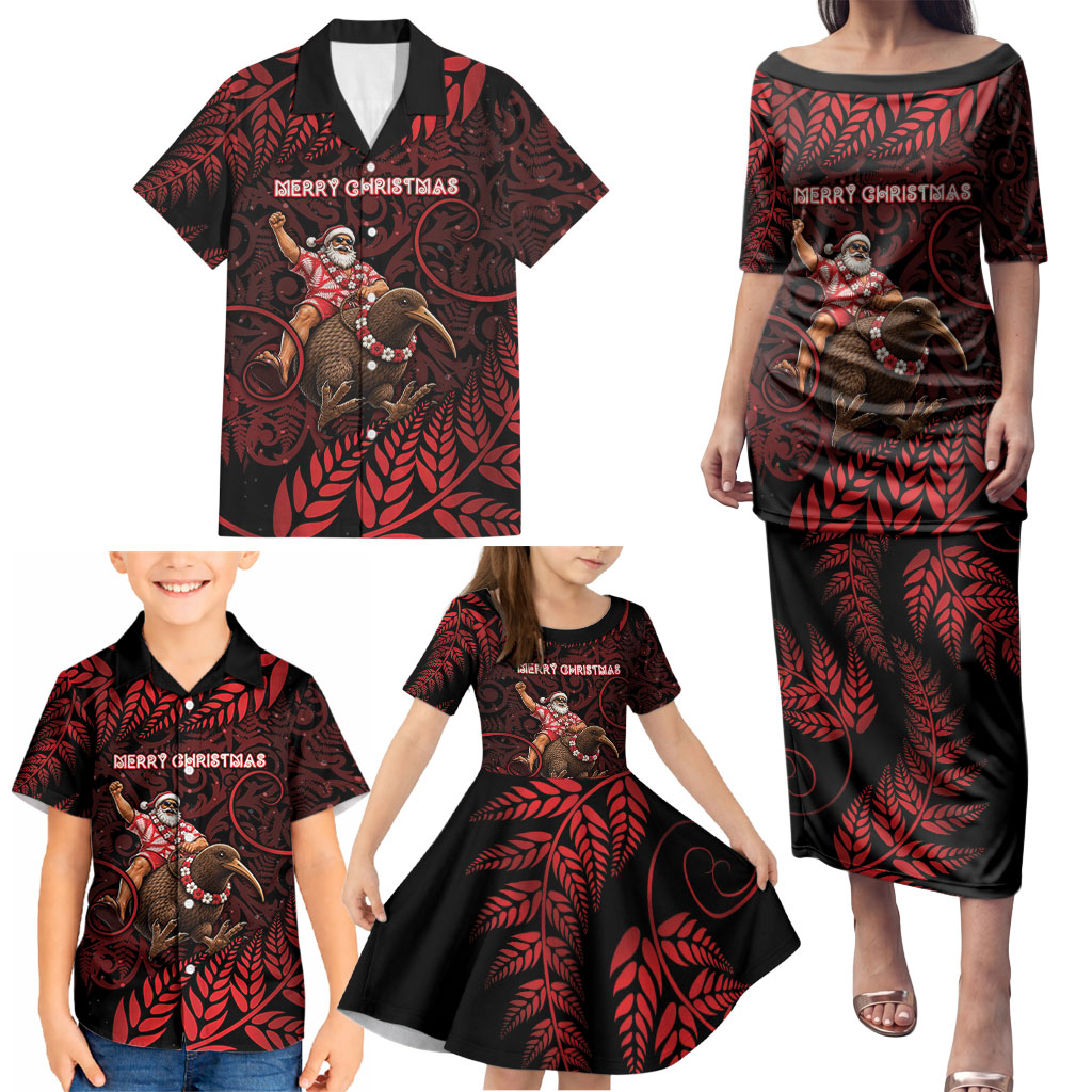 New Zealand Christmas Family Matching Puletasi and Hawaiian Shirt Red Santa Riding Kiwi Bird Silver Fern