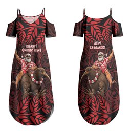 New Zealand Christmas Family Matching Summer Maxi Dress and Hawaiian Shirt Red Santa Riding Kiwi Bird Silver Fern