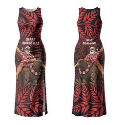 New Zealand Christmas Family Matching Tank Maxi Dress and Hawaiian Shirt Red Santa Riding Kiwi Bird Silver Fern