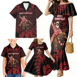 New Zealand Christmas Family Matching Mermaid Dress and Hawaiian Shirt Red Santa Riding Kiwi Bird Silver Fern