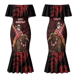 New Zealand Christmas Family Matching Mermaid Dress and Hawaiian Shirt Red Santa Riding Kiwi Bird Silver Fern