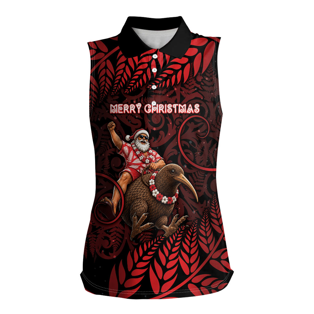 New Zealand Christmas Women Sleeveless Polo Shirt Red Santa Riding Kiwi Bird Silver Fern