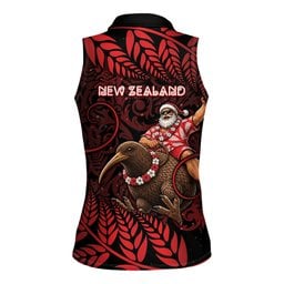 New Zealand Christmas Women Sleeveless Polo Shirt Red Santa Riding Kiwi Bird Silver Fern