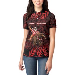 New Zealand Christmas Women Polo Shirt Red Santa Riding Kiwi Bird Silver Fern