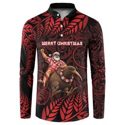 New Zealand Christmas Button Sweatshirt Red Santa Riding Kiwi Bird Silver Fern