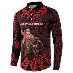 New Zealand Christmas Button Sweatshirt Red Santa Riding Kiwi Bird Silver Fern