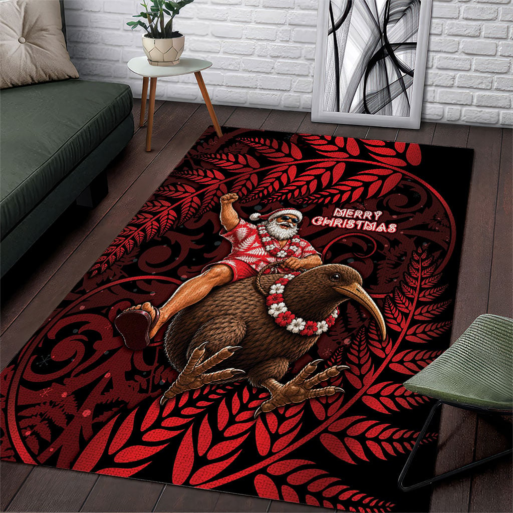 New Zealand Christmas Area Rug Red Santa Riding Kiwi Bird Silver Fern