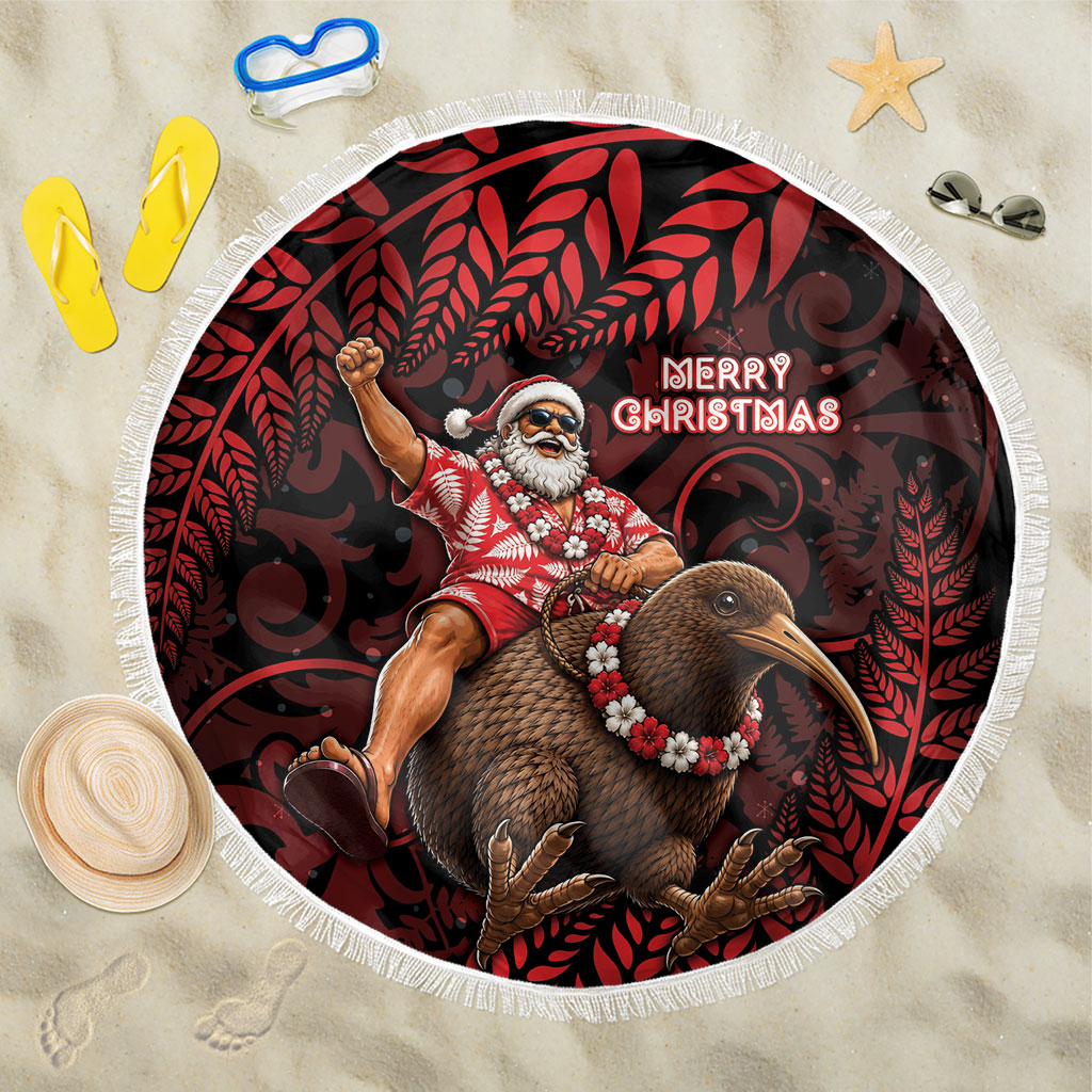New Zealand Christmas Beach Blanket Red Santa Riding Kiwi Bird Silver Fern
