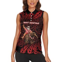 New Zealand Christmas Women Sleeveless Polo Shirt Red Santa Riding Kiwi Bird Silver Fern