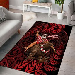 New Zealand Christmas Area Rug Red Santa Riding Kiwi Bird Silver Fern