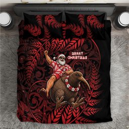 New Zealand Christmas Bedding Set Red Santa Riding Kiwi Bird Silver Fern