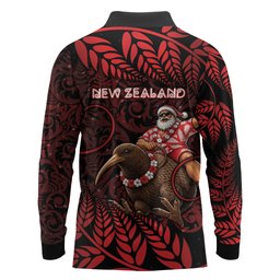 New Zealand Christmas Long Sleeve Polo Shirt Red Santa Riding Kiwi Bird Silver Fern