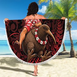 New Zealand Christmas Beach Blanket Red Santa Riding Kiwi Bird Silver Fern
