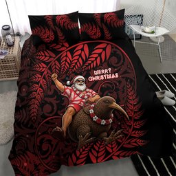 New Zealand Christmas Bedding Set Red Santa Riding Kiwi Bird Silver Fern