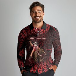 New Zealand Christmas Long Sleeve Polo Shirt Red Santa Riding Kiwi Bird Silver Fern