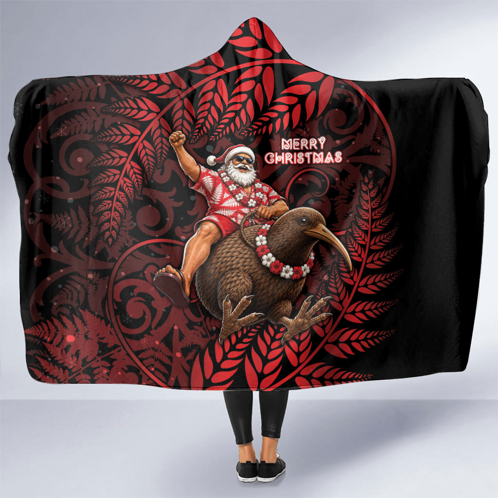 New Zealand Christmas Hooded Blanket Red Santa Riding Kiwi Bird Silver Fern