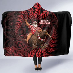 New Zealand Christmas Hooded Blanket Red Santa Riding Kiwi Bird Silver Fern