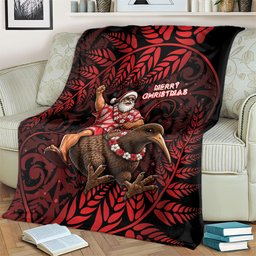 New Zealand Christmas Blanket Red Santa Riding Kiwi Bird Silver Fern