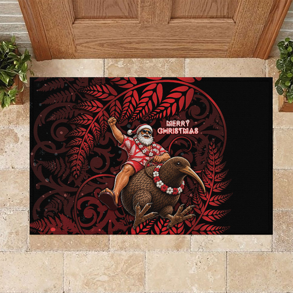 New Zealand Christmas Rubber Doormat Red Santa Riding Kiwi Bird Silver Fern