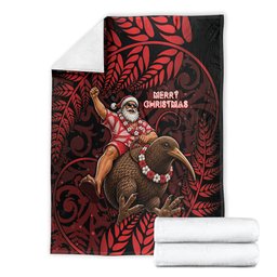 New Zealand Christmas Blanket Red Santa Riding Kiwi Bird Silver Fern