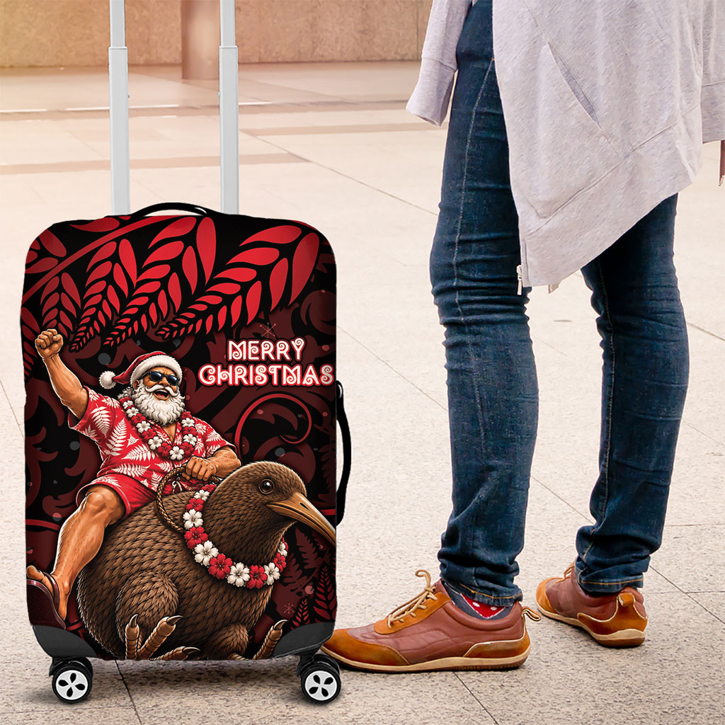 New Zealand Christmas Luggage Cover Red Santa Riding Kiwi Bird Silver Fern