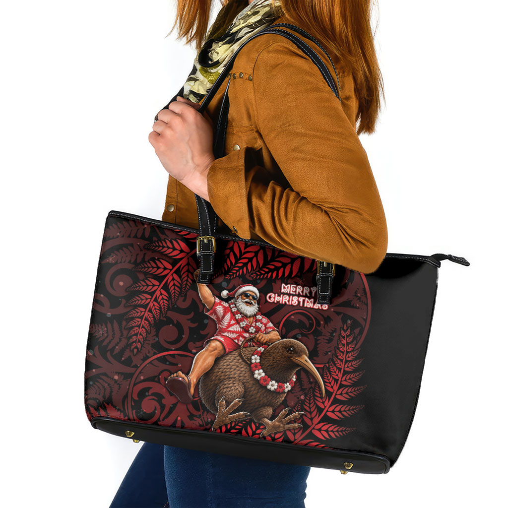 New Zealand Christmas Leather Tote Bag Red Santa Riding Kiwi Bird Silver Fern