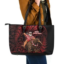 New Zealand Christmas Leather Tote Bag Red Santa Riding Kiwi Bird Silver Fern