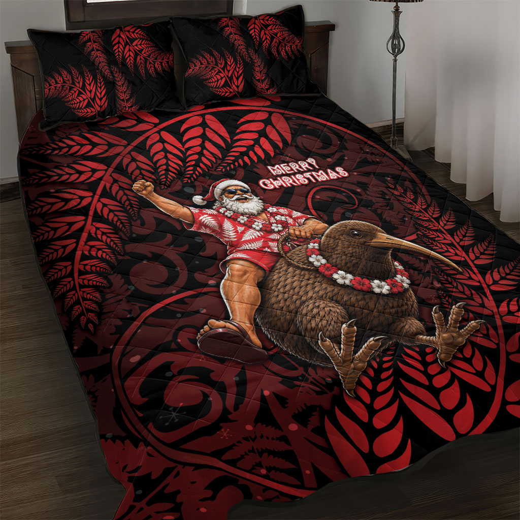New Zealand Christmas Quilt Bed Set Red Santa Riding Kiwi Bird Silver Fern