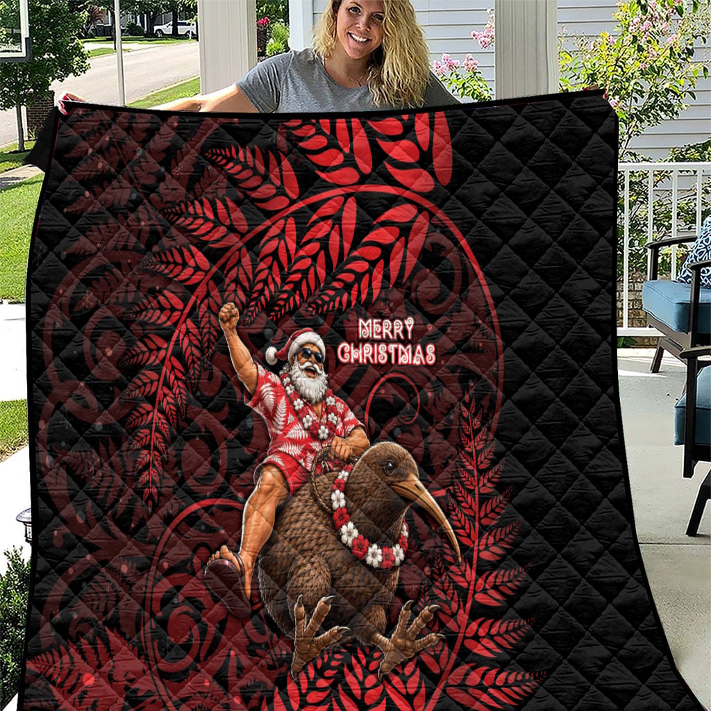 New Zealand Christmas Quilt Red Santa Riding Kiwi Bird Silver Fern