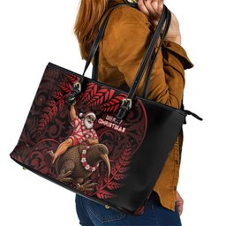 New Zealand Christmas Leather Tote Bag Red Santa Riding Kiwi Bird Silver Fern