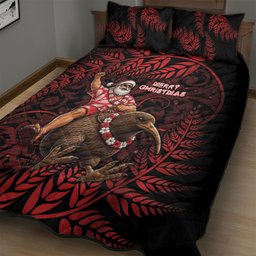 New Zealand Christmas Quilt Bed Set Red Santa Riding Kiwi Bird Silver Fern