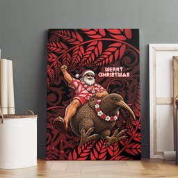 New Zealand Christmas Canvas Wall Art Red Santa Riding Kiwi Bird Silver Fern