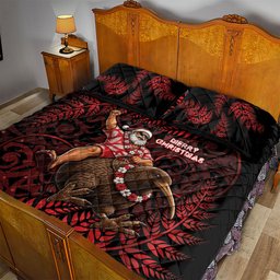 New Zealand Christmas Quilt Bed Set Red Santa Riding Kiwi Bird Silver Fern