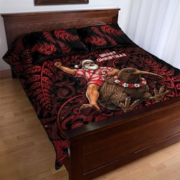 New Zealand Christmas Quilt Bed Set Red Santa Riding Kiwi Bird Silver Fern
