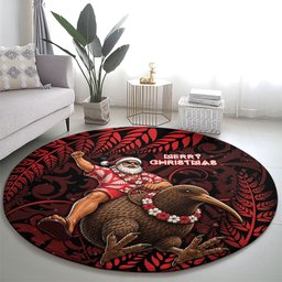 New Zealand Christmas Round Carpet Red Santa Riding Kiwi Bird Silver Fern