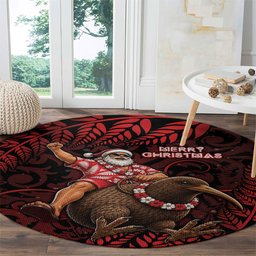 New Zealand Christmas Round Carpet Red Santa Riding Kiwi Bird Silver Fern