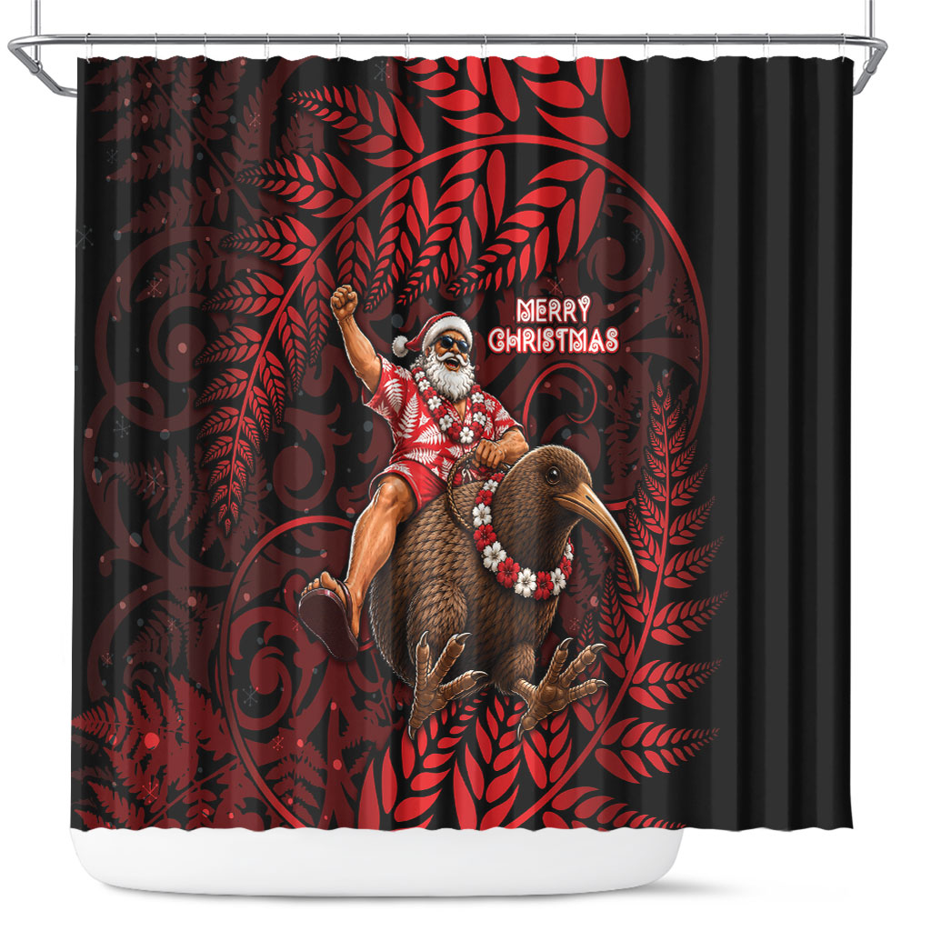 New Zealand Christmas Shower Curtain Red Santa Riding Kiwi Bird Silver Fern