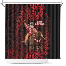 New Zealand Christmas Shower Curtain Red Santa Riding Kiwi Bird Silver Fern