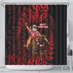 New Zealand Christmas Shower Curtain Red Santa Riding Kiwi Bird Silver Fern