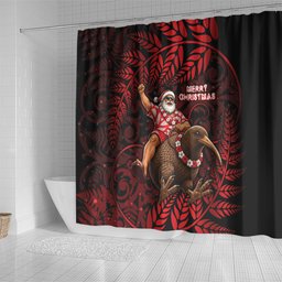 New Zealand Christmas Shower Curtain Red Santa Riding Kiwi Bird Silver Fern