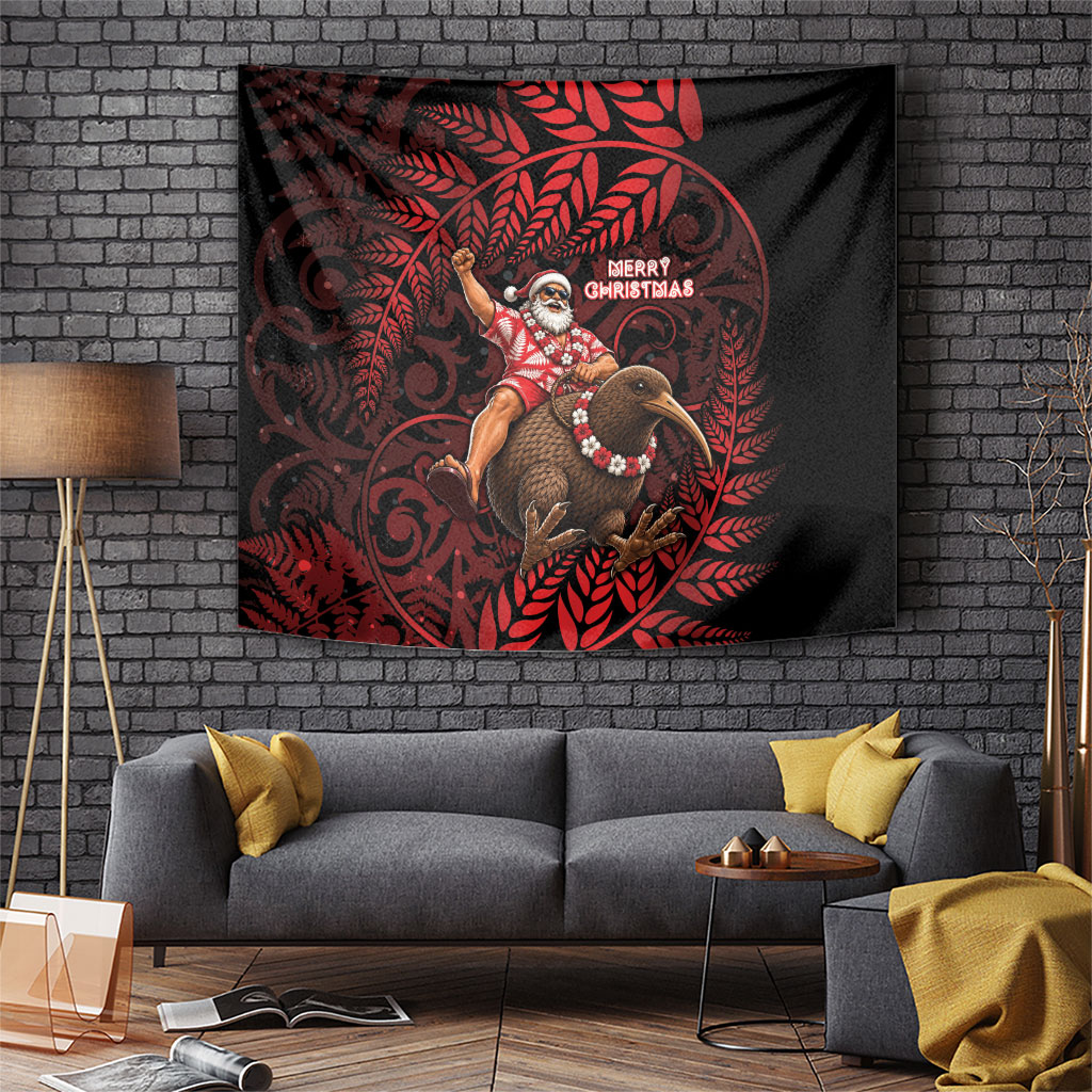 New Zealand Christmas Tapestry Red Santa Riding Kiwi Bird Silver Fern